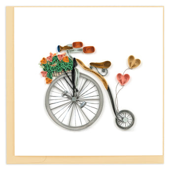 vintage bicycle, big wheel, floral basket, heart balloons