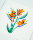 Quilled Bird of Paradise greeting card laying on white background