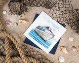 Quilled Cruise Ship Greeting Card surrounded by netting and rope and seashells