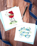 Quilled Happy Father's Day Card next to quilled grilling fathers day greeting card on wooden table with navy ribbon and black pen