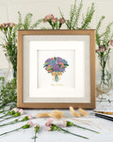 Quilled Hydrangea Bouquet Birthday Card in golden frame surrounded by florals on white background
