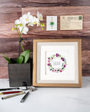 Quilled LOVE Floral Wreath Greeting Card, golden frame, white orchid, wooden wall, postcard, hanging planter mini gift enclosure, marble table, pens