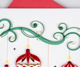 Close up detail shot of Quilled Red Christmas Ornaments Greeting Card.