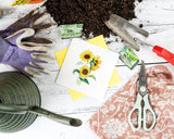 Quilled Wild Sunflowers Greeting Card on white wooden background next to gardening soil with shove, towel with scissors, watering can, and purple gardening gloves