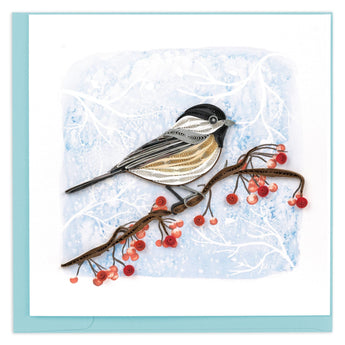 chickadee, red berries, branch