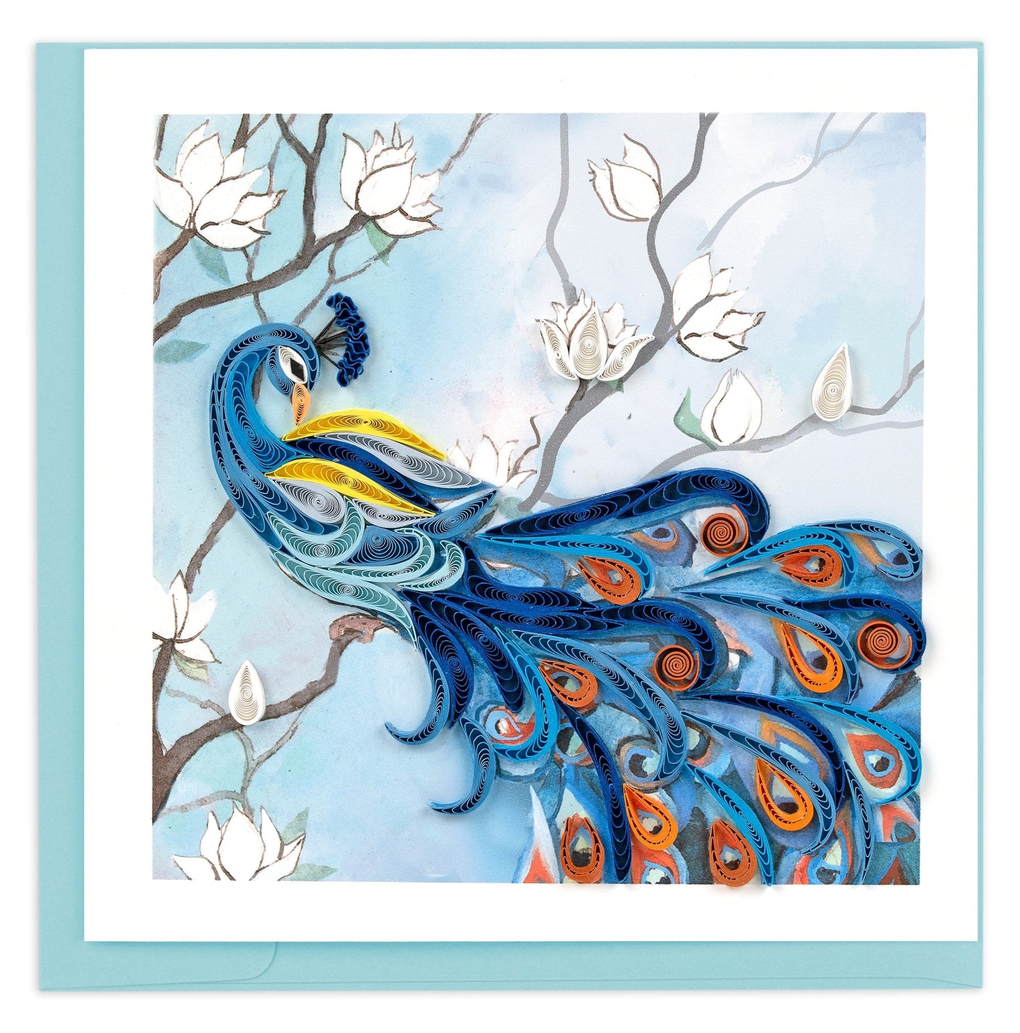 Quilled Peacock with White Flowers Greeting Card - Quilling Card - Greeting Card