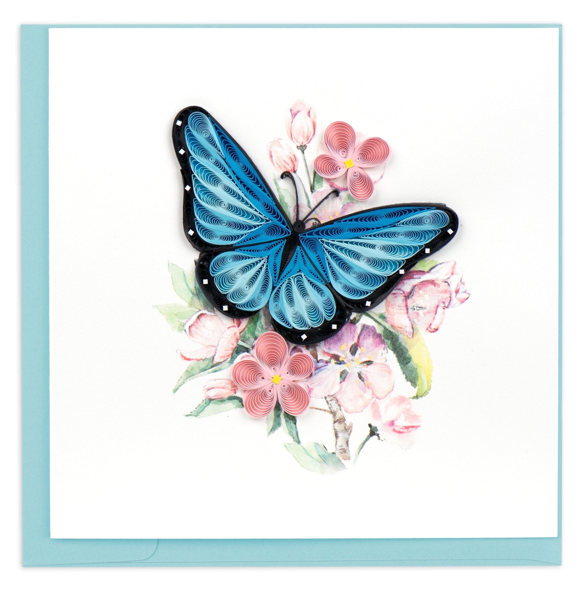 Quilled Blue Butterfly & Pink Flowers Greeting Card - Quilling Card - Greeting Card