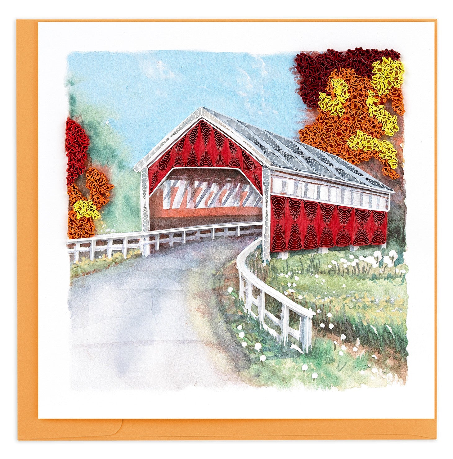 Quilled Red Covered Bridge Greeting Card - Quilling Card - Greeting Card
