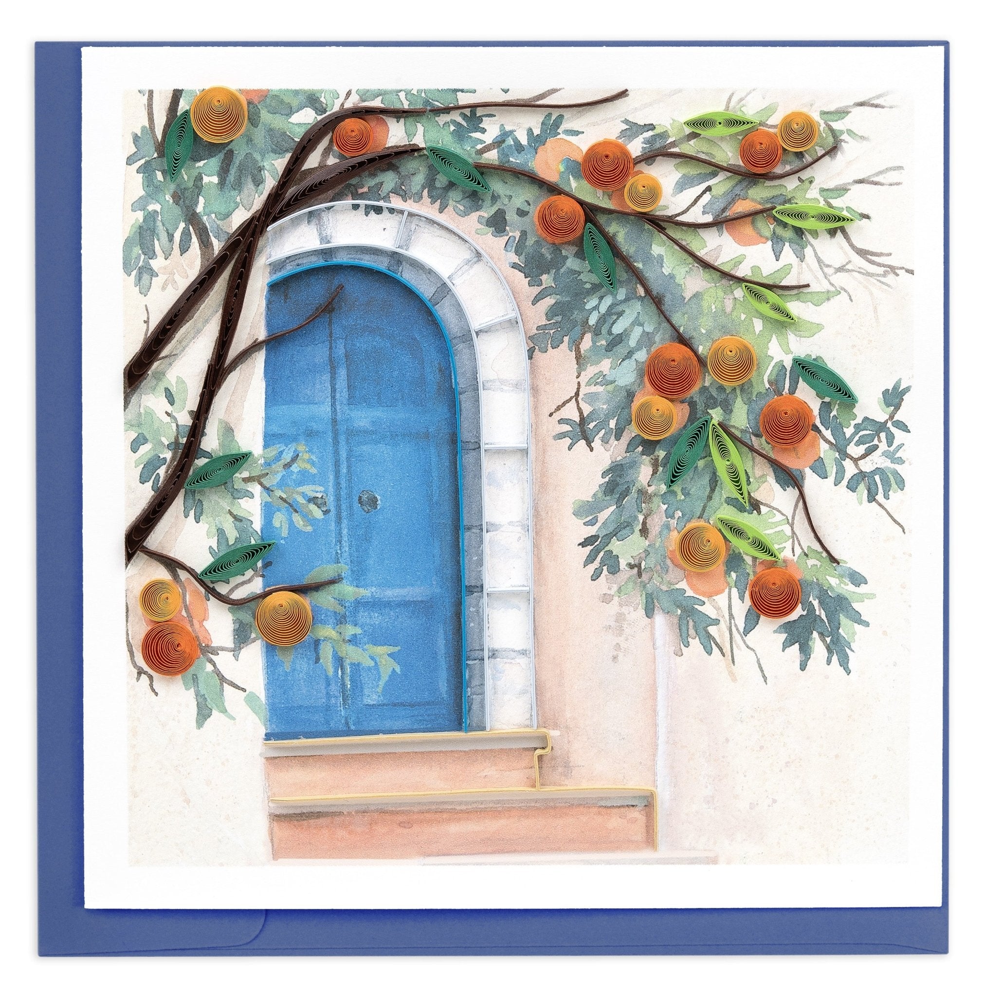 Quilled Orange Tree and Blue Door Greeting Card - Quilling Card - Greeting Card