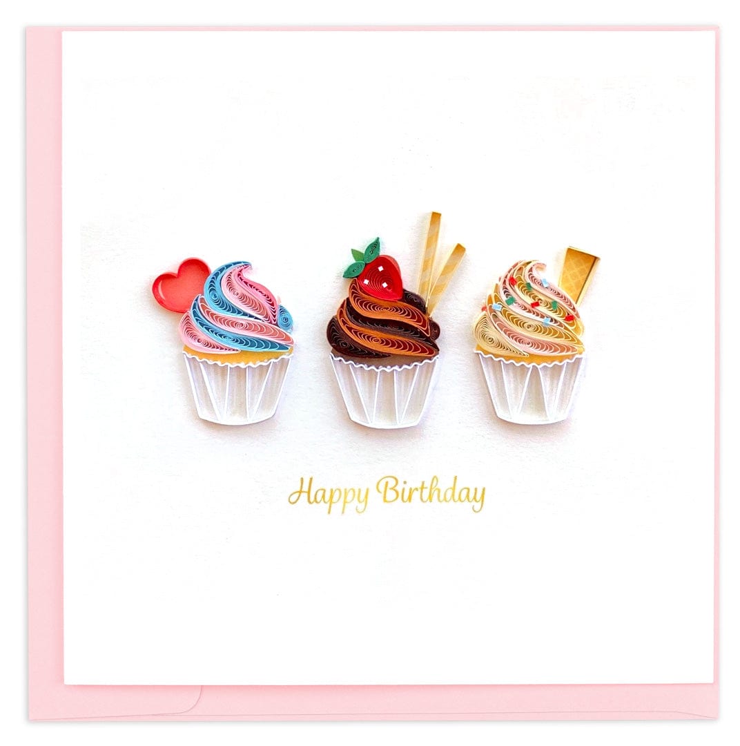 Quilled Birthday Cupcake Trio Greeting Card - Quilling Card - Greeting Card