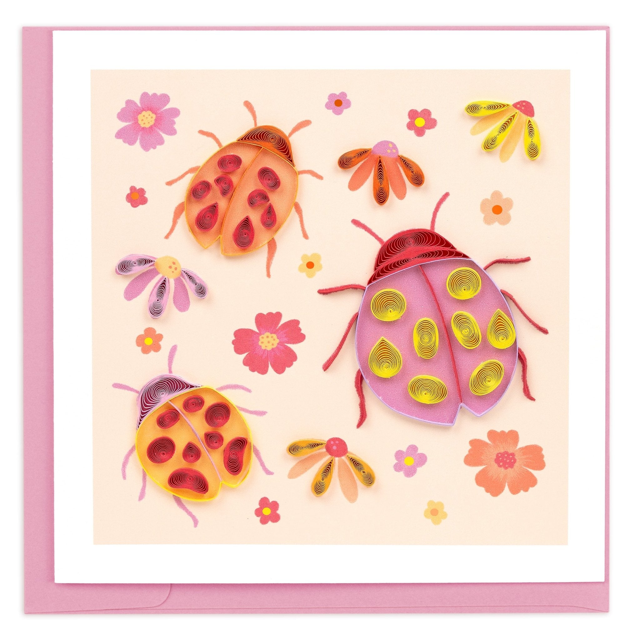 Quilled Lady Bugs with Flowers Greeting Card - Quilling Card - Greeting Card