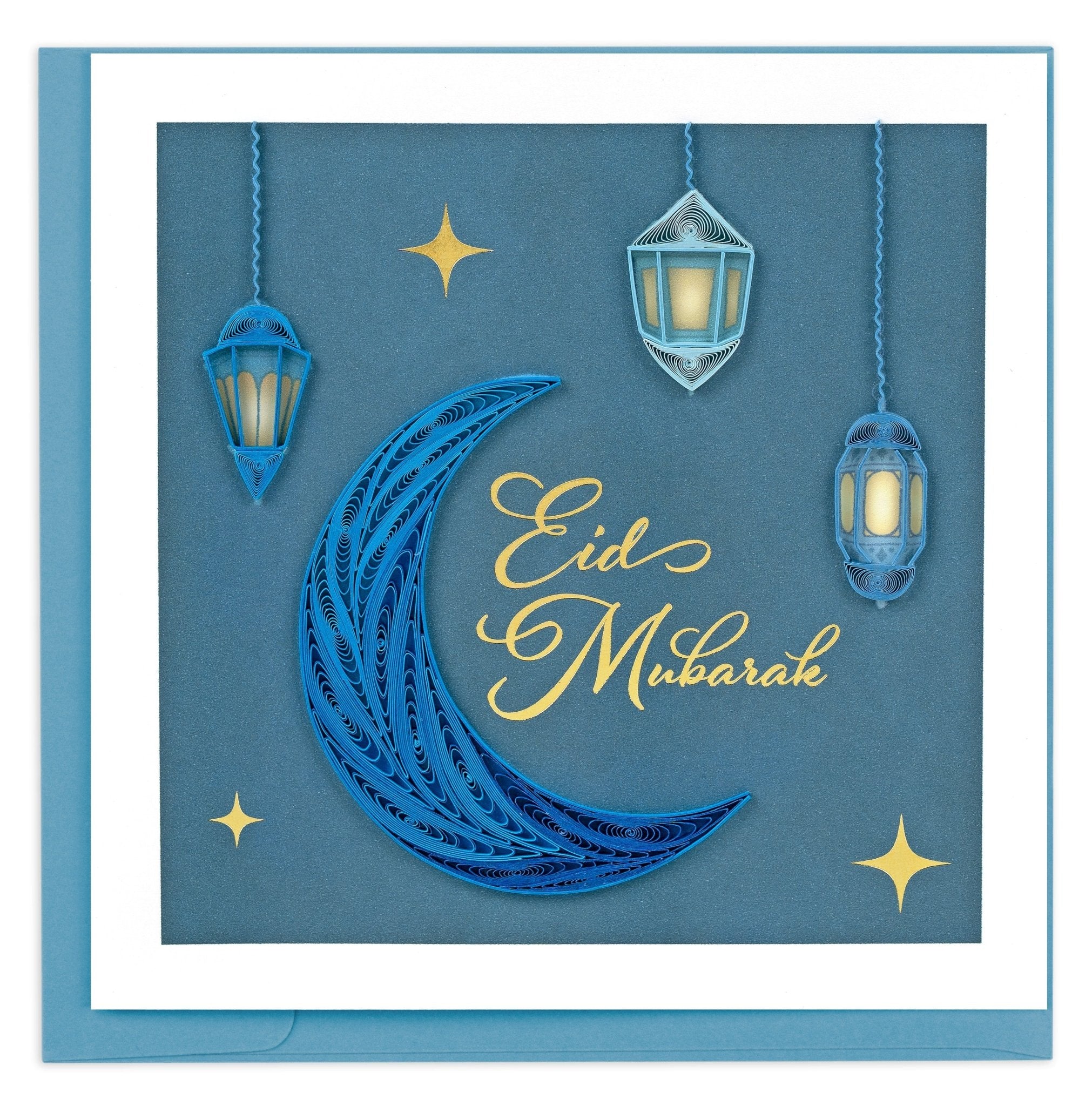 Quilled Blue Crescent Moon & Oil Lamps Greeting Card - Quilling Card - Greeting Card