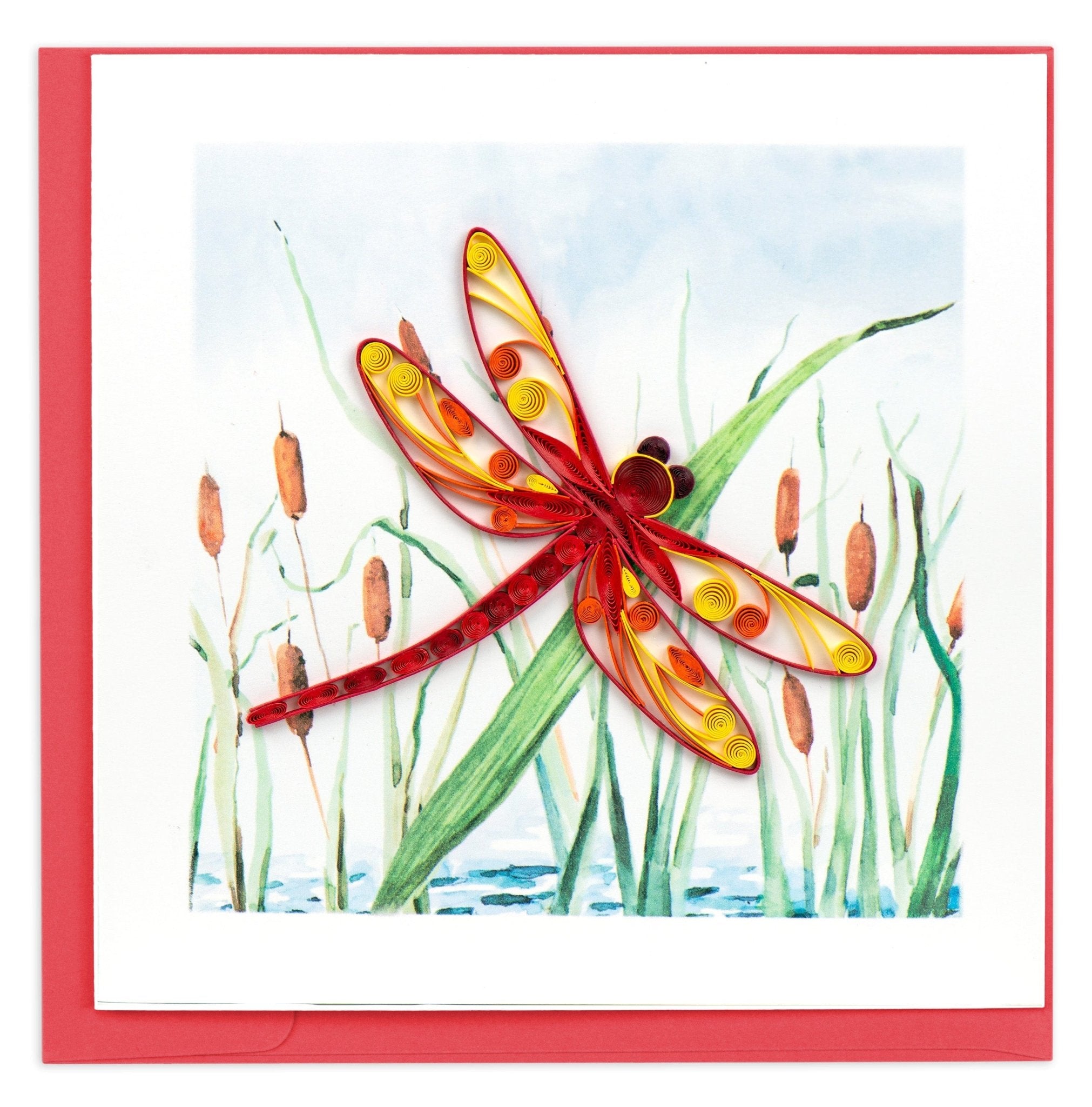 Quilled Red Dragonfly & Cattails Greeting Card - Quilling Card - Greeting Card