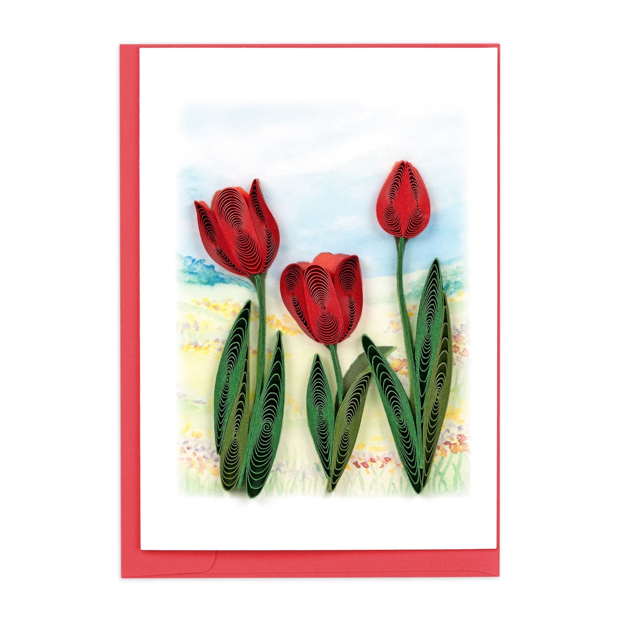 Quilled Red Tulip Field Gift Enclosure Mini Card - Quilling Card - Gift Enclosure