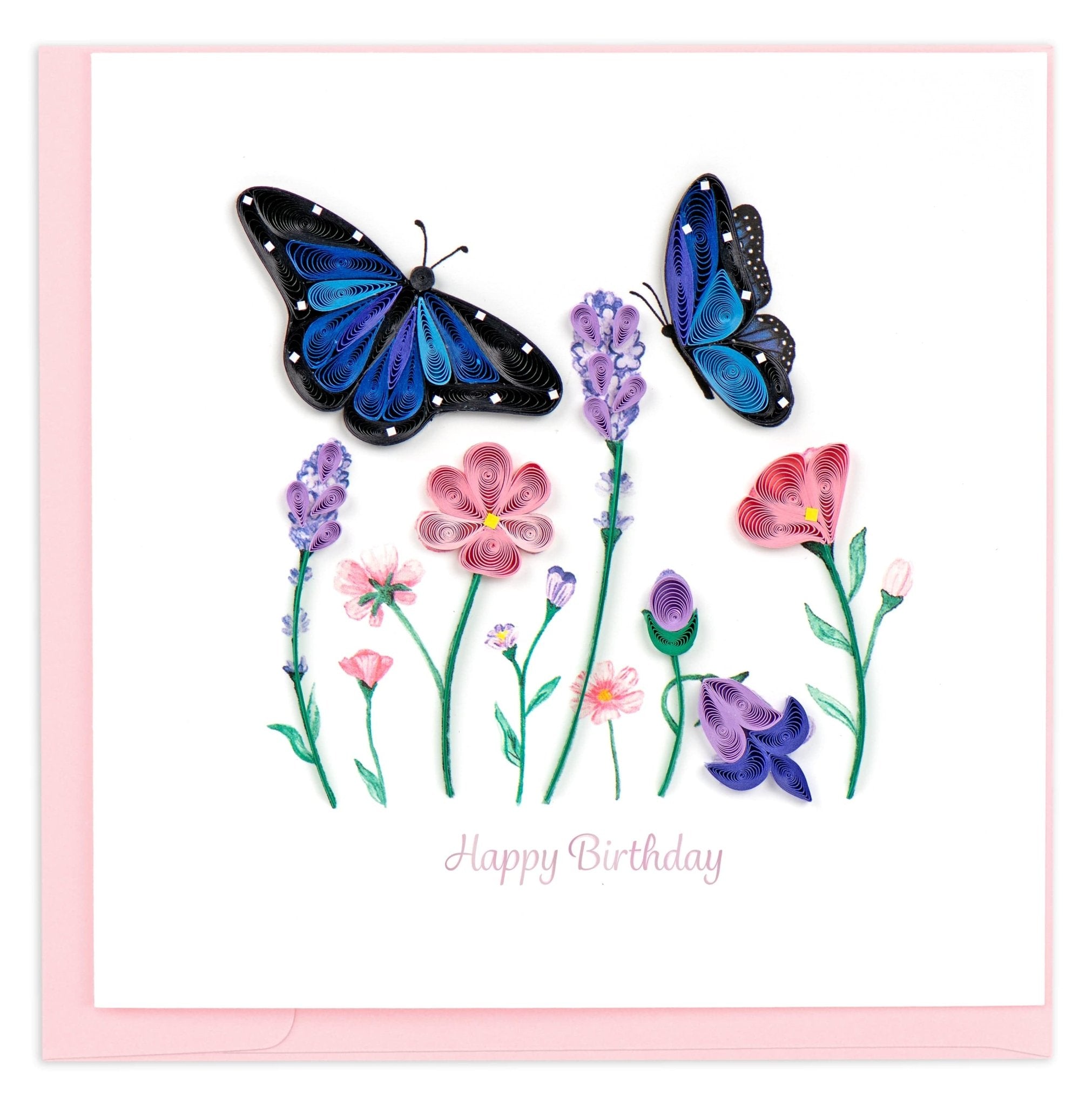 Quilled Birthday Flowers & Blue Butterflies Greeting Card - Quilling Card - Greeting Card