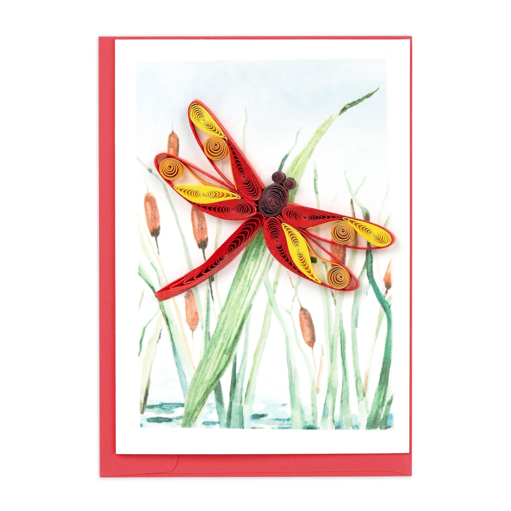 Quilled Red Dragonfly & Cattails Gift Enclosure Mini Card - Quilling Card - Gift Enclosure