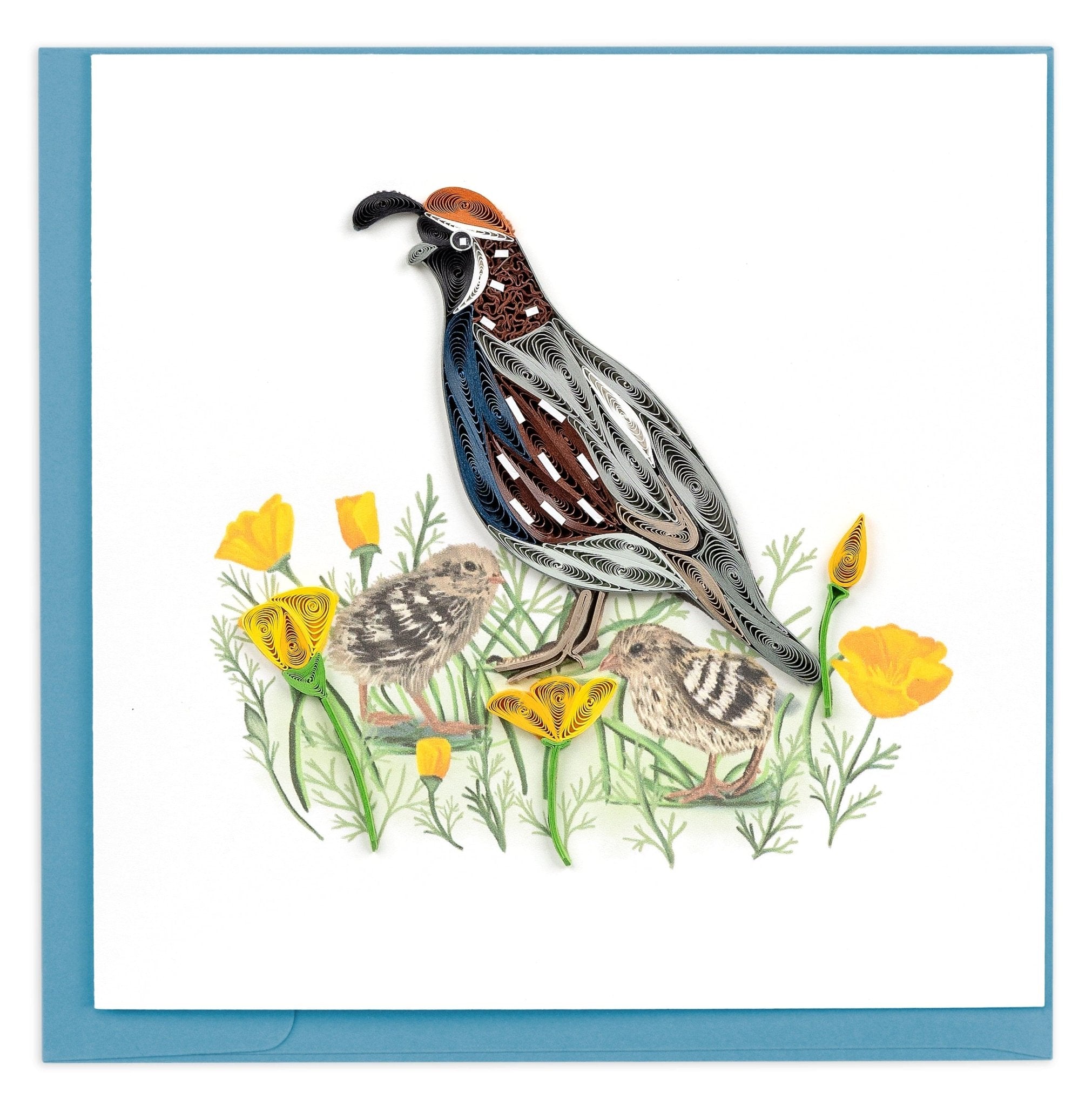 Quilled Quail with Chicks & Poppies Greeting Card - Quilling Card - Greeting Card
