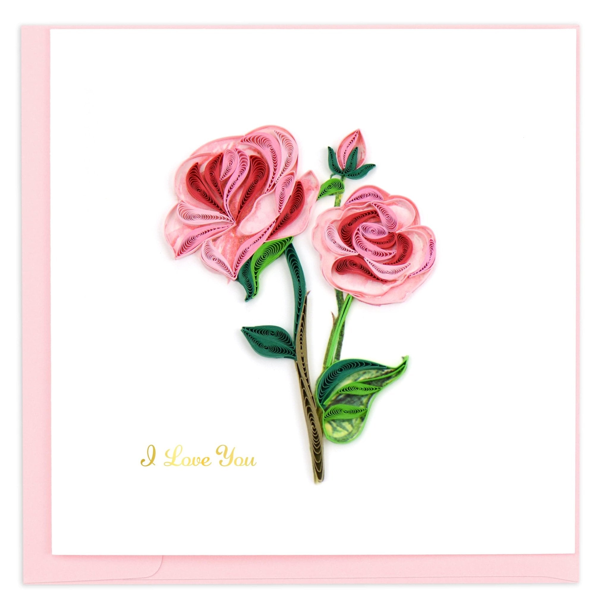 Quilled I Love You Long Stem Pink Roses Card - Quilling Card - Greeting Card