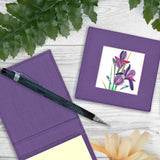 Quilled Iris Sticky Note Pad Cover on white wooden background with pencil next to flowers