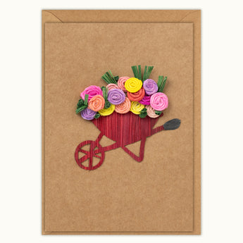 Wheelbarrow Garden handmade card from upcycled corn husks by Husk & Heart, birthday greeting card