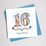 A quilled number sixteen in light blue and orange, reading Happy Birthday below.