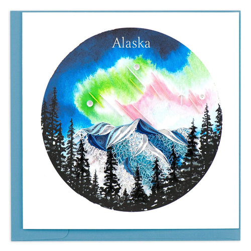 Greeting card featuring a quilled design of the northern lights