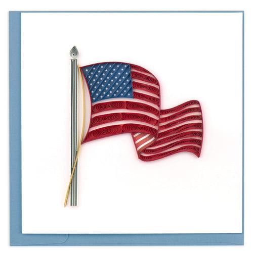Quilled greeting card of an American flag flapping in the wind from a flagpole