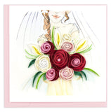 Blank Quilled Wedding Bouquet Card held by bride