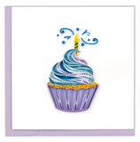 Blank Quilled Birthday card of a blue and purple frosted cupcake.