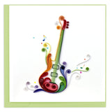 Blank greeting card of a quilled electric guitar in rainbow colors and abstract swirls