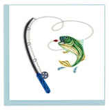 Blank greeting card of a quilled fishing pole and a large green fish jumping to grab the fishhook.