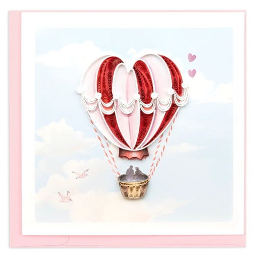 hot air balloon, sky, clouds, hearts, love birds