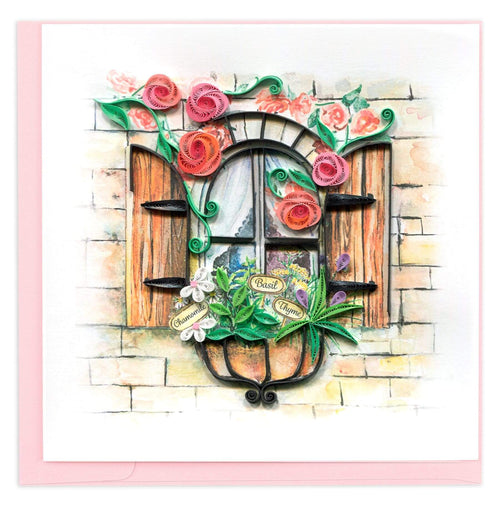 Quilled Blank Card of a window with a window box of flowers and herbs