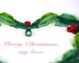 Detail shot of Quilled Holly Berry Heart Christmas card