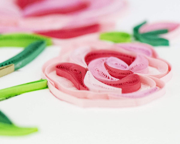 Quilled Long Stem Pink Roses Greeting Card