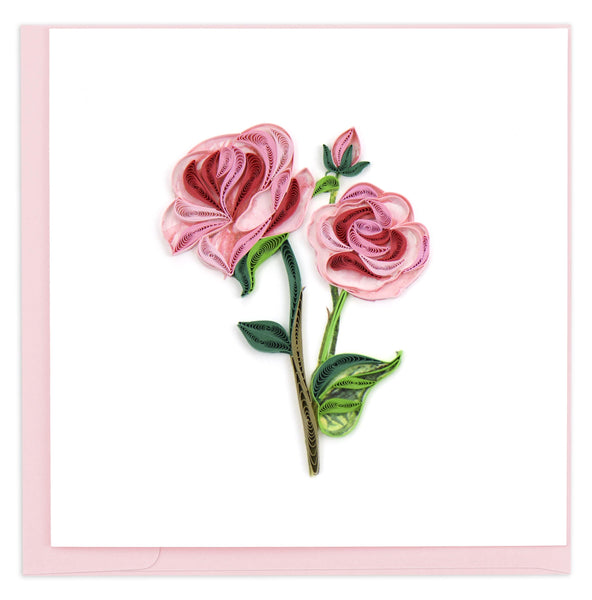 Blank Quilled greeting card two blooming pink roses from a long stem.