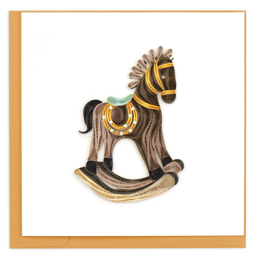 Quilled greeting card of a rocking horse with orange lead ropes