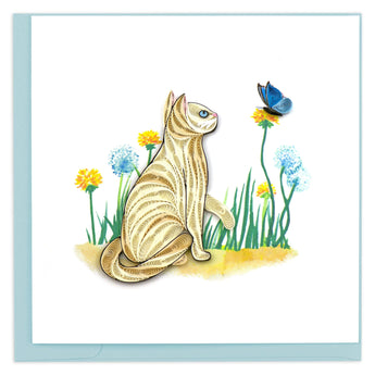 Blank Greeting Card of a white cat in field of dandelions with blue butterfly