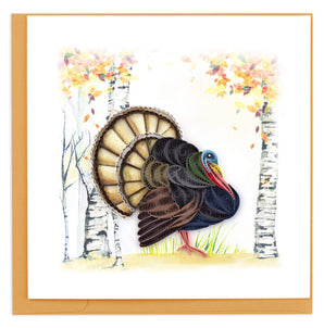 Quilled brown turkey in autumn birch tree forest
