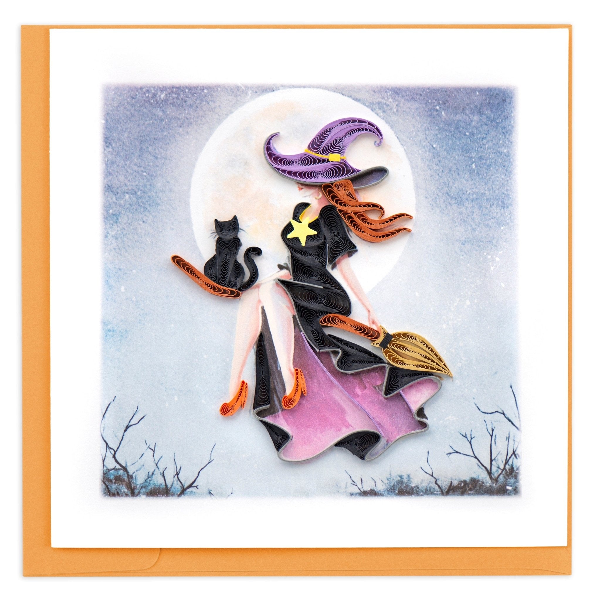 Quilled Witch on Broomstick Halloween Card - Quilling Card - Greeting Card