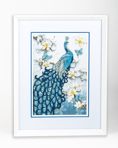 white flowers, blue peacock, peacock feathers