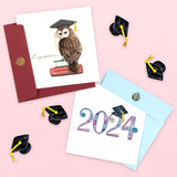 Quilled 2024 Grad Card next to owl graduation card on white background next to quilled graduation caps