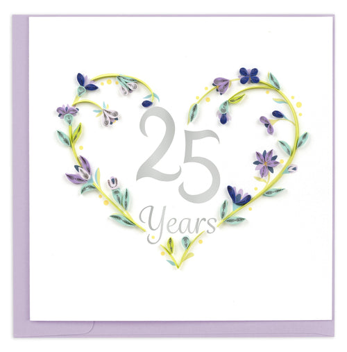 Greeting card with text "25 Years" surrounded by a floral heart shape with lilac envelope