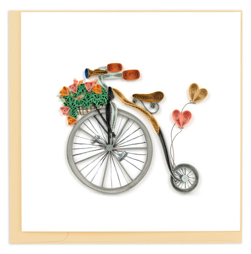 vintage bicycle, big wheel, floral basket, heart balloons