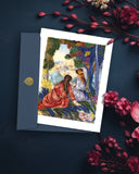 Quilled Artist Series In the Meadow, Renoir Greeting Card with navy envelope on navy background next to flowers
