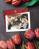 Quilled Artist Series - Luncheon of the Boating Party, Renoir Greeting Card with burgundy envelope next to tulips on dark table