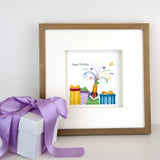 Quilled Birthday Champagne Greeting Card in gold frame with present in front of it