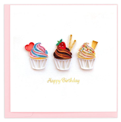 trio of cupcakes, frosting, Happy birthday message
