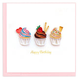 trio of cupcakes, frosting, Happy birthday message