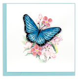 blue butterfly, pink flowers, green leaves